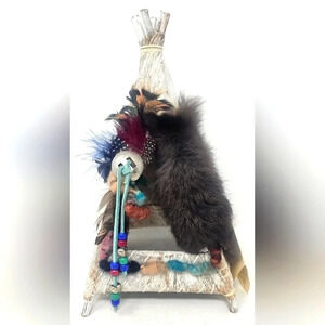 Vintage Natural Wonders Handmade Mini  Native American Indian Teepee Wigwam Fur